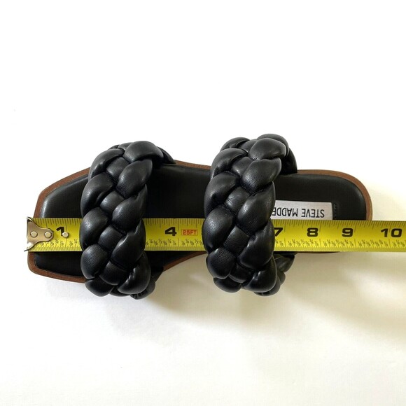 Steve Madden‎ Black Braided Open Toe Slides Flats Sandals Vegan Faux Leather - Picture 14 of 16